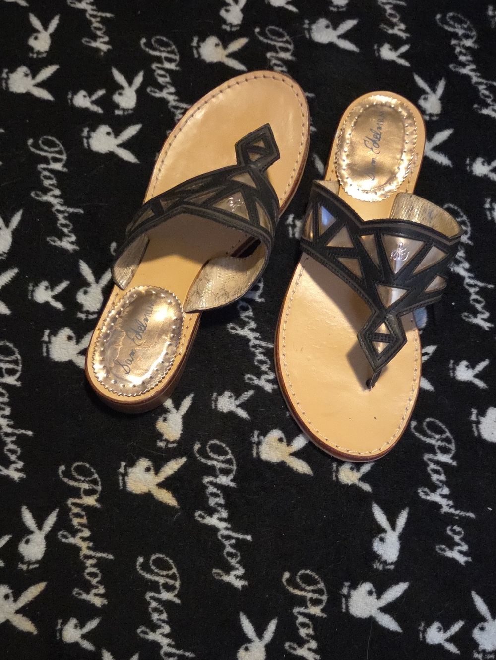 Sam Edelman Black & Tan Geometric Thong Sandals